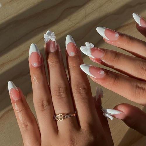 24pcs White French Tip Press on Nails - Almond Shaped French Tip False Nails - Stick on nails with Bow Patterns - Glossy Full Cover Glue on Nail for Women Girls Valentines Day Gift