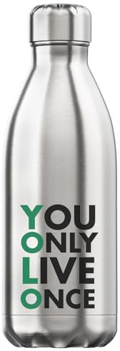 You Only Live Once Thermo-Trinkflasche, Grün und Schwarz, vakuumisoliert, silberfarben
