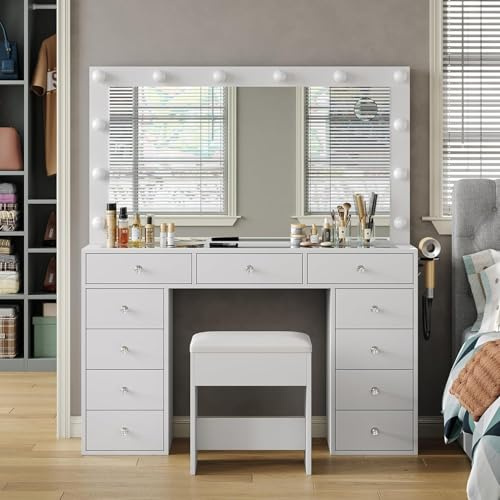 FUSOU Vanity Desk with Power Outlet, Makeup Vanity with Mirror and 12 LED Lights, 3 Lighting Modes, 11 Drawers Vanity Table with Chair, Glass Top, Dressing Table for Bedroom,Dressing Room, White