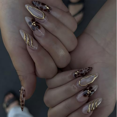 Xanthelle Press On Nails, 24 Pieces Leopard Nails Almond Medium, False Nails with Brown Flower Design, Glossy Full Cover Nails, French Press On Nails Summer Women