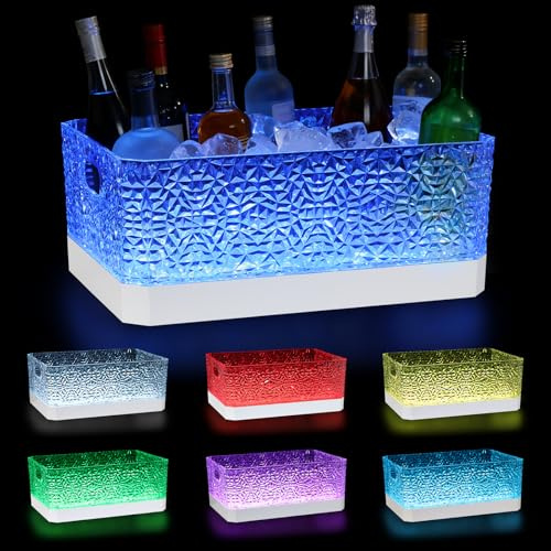 LED Light Up Plastic ice buckets for parties 15L large Clear beverage tub 7-color LED light ice buckets For Champagne Beer Cocktails Family Gathering Bar Nightclub Essential (Diamond texture)