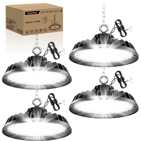 RUISUN 4 Stück UFO 240W LED Deckenleuchte Werkstattlampe Dimmbare 0-10V LED Hallenstrahler High Bay Light 40800LM Treiber 6000K Superhelle Werkstatt Deckenleuchte IP65 Industriestrahler