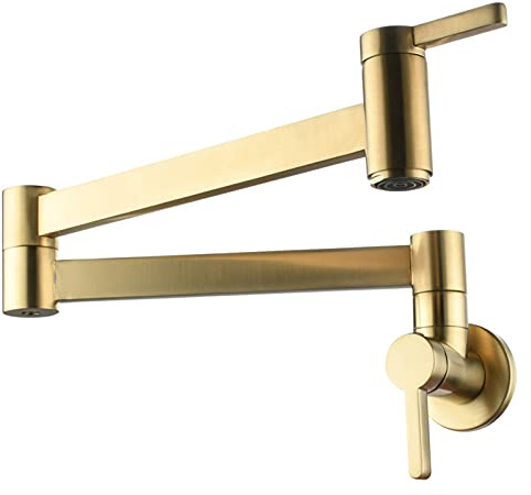 Pot Filler Faucet Brass Single Cold Water Kitchen Faucet Double Joint Swing Arms Single Hole Two Handles Wall Mount Brushed Gold(Brushed Gold)