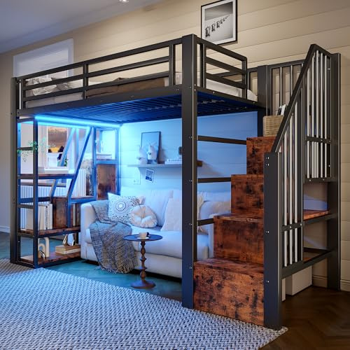 Merax Hochbett 900x200 cm, Metallbett mit Treppe und Rausfallschutz, Funktionsbett Kinderhochbett mit LED, Ablagefach, offener Stauraum unter dem Bett, Jugendbett Bettgestell (ohne Matratze), Schwarz