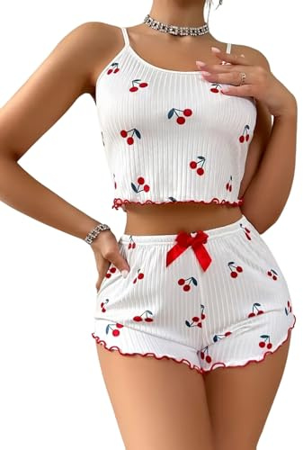 Gatamiau Women’s 2 Pieces Heart Print Summer Pajama Set Scoop Neck Sleeveless Cami Tops + Shorts, Sexy Sleepwear PJ Set Soft Loungewear Nightwear (UK, Alpha, S, Regular, Regular, White-Cherry)