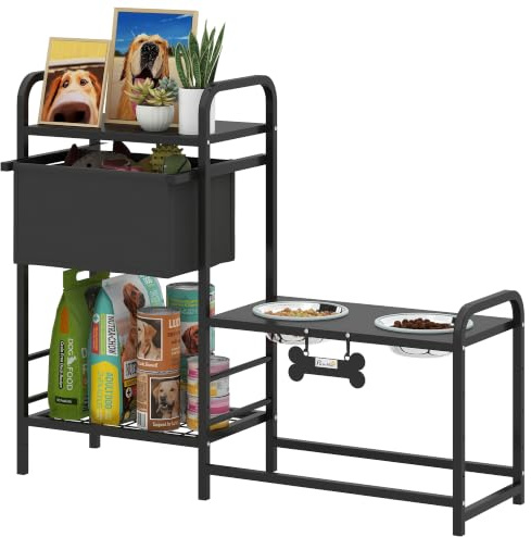 PawHut Erhöhter Hundenapf Höhenverstellbar Futternapf 2 x 800ml Schwarz | Mit Stauraum, Wassernapf, Edelstahlnäpfen, 2-Stufige Ablage, Fressnapf Futterstation, für Kleine, Mittelgroße Hunde