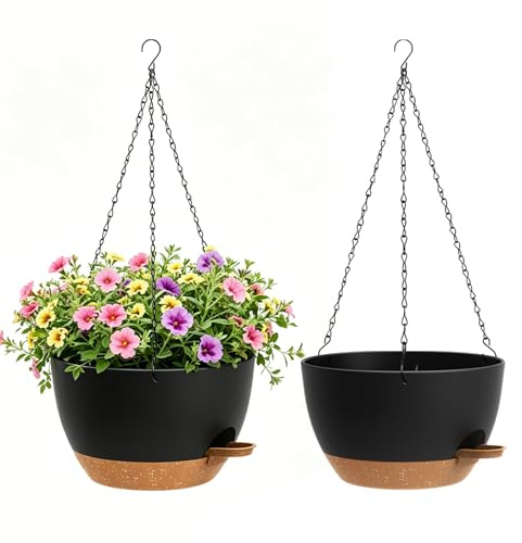 WSMKSZ 20cm Pot de Fleur Suspendu Auto arrosants, Lot de 2, Noir Marron | Jardinières Suspendues pour Intérieur Extérieur avec Drainage et Réservoir Amovible, Suspension Plante pour Balcon, Salon