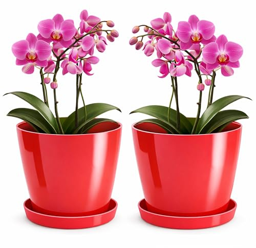 PECZEKO Lot de 2 pots de fleurs brillants en plastique - Pot décoratif pour plantes grandes et petites - Avec soucoupe - Diamètre : 20 cm - Rouge