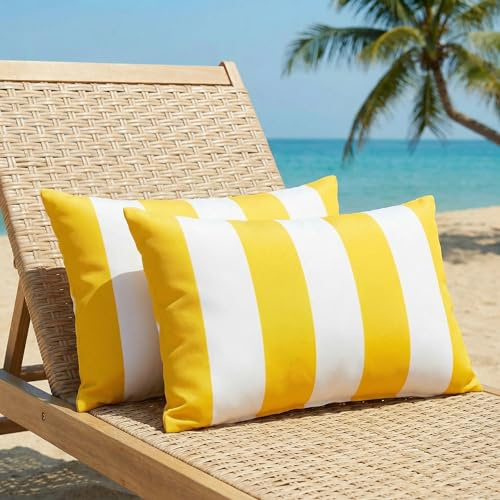 Luzzxfa 2er Set Outdoor Kissenbezug 30x50 cm Gelb Gestreifte Wasserfest Dekokissen Modern Garten kissenbezüge Strand Dekorative Kissenhülle Sommer Sofakissen für Sofa Balkon Camping