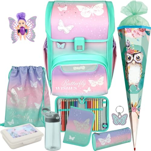 Pridera Scooli Schulranzen 1. Klasse Mädchen Butterfly Wishes Schmetterling EasyStart Schulranzen-Set (9tlg. mit Brotdose Trinkflasche Fairy-Püppchen Schultüte E)
