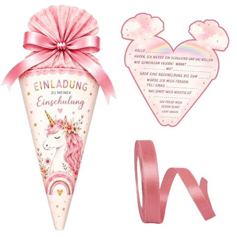 YJAUBKJOG 12 Stück Einladung Einschulung Mädchen – Einladungskarten mit Einhorn-Motiv – Kreative Rosa Einladungskarten Einschulung Deko, Passend für Erstklässler zum Schulanfang
