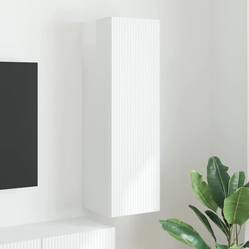 Tonture Meuble TV Mural Blanc Brillant en Bois d'ingénierie 30 x 31 x 100 cm avec Porte pivotante et étagères, Rangement Moderne pour Salon, Chambre, séjour, Design scandinave et Industriel