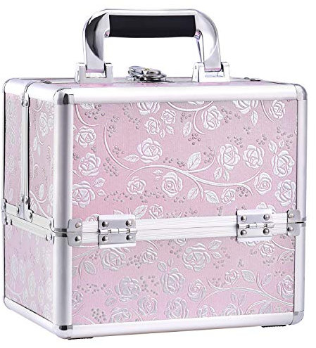 Funime Makeup Case Cosmetics Organiser Beauty Box Nail Polish Jewellry Storage Vanity Case with 4 Trays & Key Locks, Size: 25 x 18.5 x 23cm (Pink Rose)