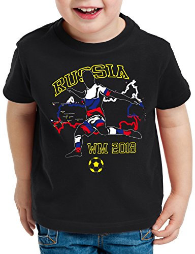 style3 WM 2018 Russland Kinder T-Shirt Fußball Weltmeisterschaft Trikot Russia, Farbe:Schwarz, Größe:128