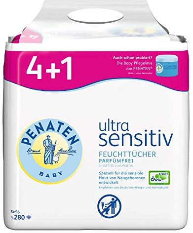 Penaten ultra sensitiv Feuchttücher, parfümfrei, 4+1 Vorteilspack,280St