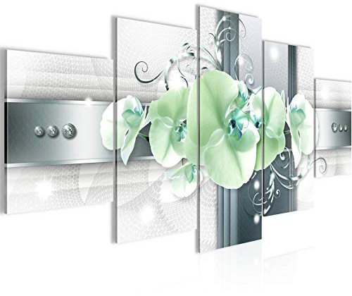 Runa Art Bild Wohnzimmer Schlafzimmer Blumen Orchidee 5 Teilig Abstrakt Grau Türkis Wandbilder auf Vlies Leinwand 008353c
