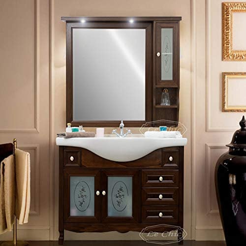 LE CHIC ARREDAMENTI mobile da bagno classico noce, lavabo 105 x 50 cm, arredo bagno completo arte povera, colore noce anticato, lavabo in ceramica da incasso bianco, specchio con faretti e pensile