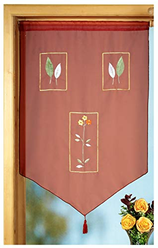 heimtexland ® Scheibengardine Mediterran Bestickt mit edler Quaste HxB 90x60 Flügelfenster Gardine Voile Tunnelzug Bordeaux Rot Typ627