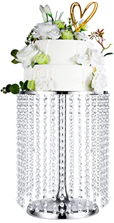 LANLONG Soporte para tartas de boda para mesa de postre, colgantes de cristal plateado de 12 pulgadas, soporte de metal para tartas que sirve como un plato redondo de exhibición de postres de 16
