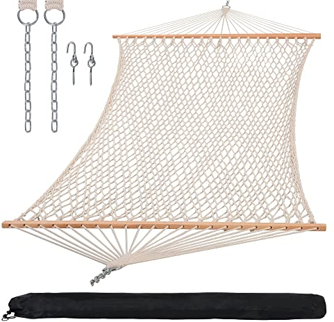 SUNCREAT Hammocks Traditional Rope Double Hammock with Hardwood Spreader Bar and Carrying Bag, 450 lbs Capacity, Natural