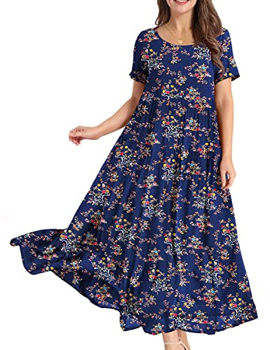 YESNO Women Dresses Casual Plus Size Bohemian Short Sleeve Floral Long Maxi Summer Beach Swing Dress/Pockets EJFUK | Lightweight breathable fabric, loose flowy maxi fit. Versatile summer dress for beach, vacation and daily casual wear