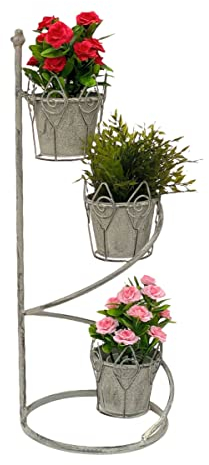 DanDiBo Blumentreppe Innen Metall Weiß Grau Rund 75 cm Blumenständer mit 3 Töpfe 96131 Blumenständer Blumensäule Pflanzenständer Balkon Vintage