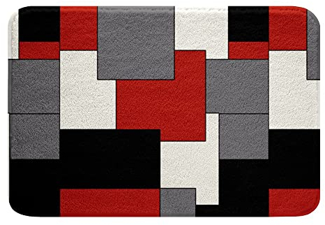 Rot Grau Weiß Schwarz Badvorleger Geometrische Quadratische Badezimmerteppiche 40x60cm Jugend Streifen Linien Badezimmermatte rutschfeste Kinder Jungen Mädchen Moderne Abstrakte Gitter Badematte