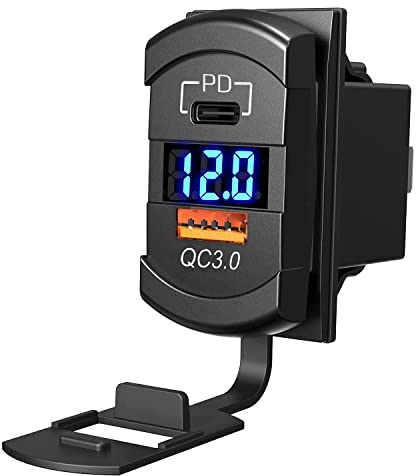 USB Auto Steckdose KFZ Schnellladung Ladegerät QC3.0+ PD +Voltmeter für 12V/24V Fahrzeuge KFZ Boot Motorrad SUV Bus LKW Wohnwagen Marine (Blau)