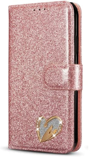 MHtech Case For Apple iPhone 13, Phone Case Shiny Leather Bling Glitter Book Flip Stand Card Wallet Protective Cover For iPhone 13 Phone (Rose Gold)