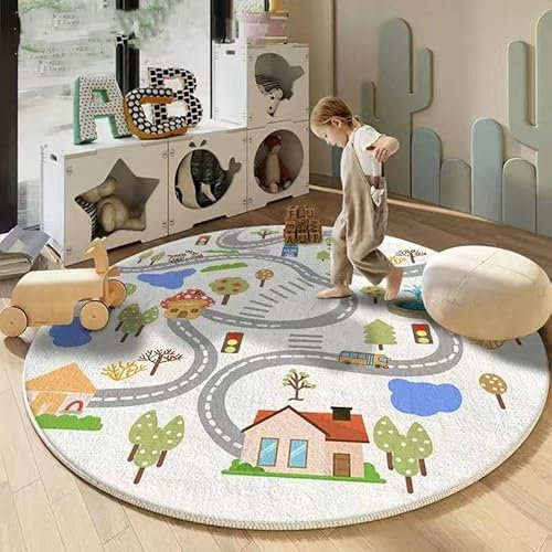 LIULA City Road Kinderteppich, runde Babymatte, Kinderzimmer, Dekoration, waschbar, rutschfest, Cartoon-Thema, Kinderteppich für Kindergarten, Schule, Teppich, Baby-Spielmatten, 120 cm