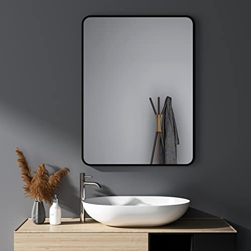 HY-RWML Wandspiegel Schwarz 70x50 cm Spiegel Rechteckiger Abgerundete Wandmontage Ecken Edelstahl Kosmetikspiegel für Badezimmer Wohnzimmer Glatte Spiegeloberfläche