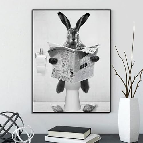 LXTOPN Tier In Der Badezimmer Bilder,Schwarz-Weiß Tier Zeitungen Lesen Bild,Lustige Hasen Wandbilder Drucke Leinwand Poster,Minimalistische Wohnkultur - Ohne Rahme (50x70cm)