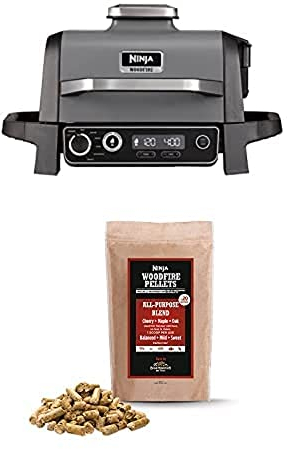 Bundle of Ninja OG701UK Woodfire Electric BBQ Grill & Smoker, 7-in-1 Outdoor Grill & Air Fryer + Ninja Woodfire Pellets [XSKOGAPBPL2UK ], All-Purpose Blend 900g Bag