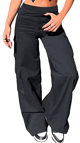 Nuofengkudu Womens Black Wide Leg Cargo Pants Y2K Stretch Multi Pockets Utility Bootcut Elasticated High Waisted Flared Bootleg Loose Fit Pull on Work Pants Gothic Bottoms Streetwear Casual M