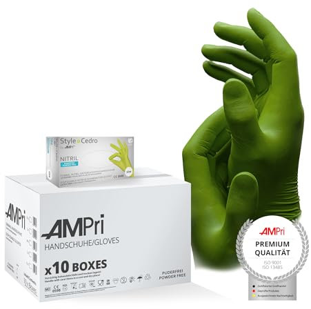 AMPri Nitrilhandschuhe, cedro, grün, 10 Box a 100 Stk, Größe L, puderfrei, Style cedro by Med-Comfort: Nitril Einmalhandschuhe, Einweghandschuhe in den Größen XS, S, M, L, XL