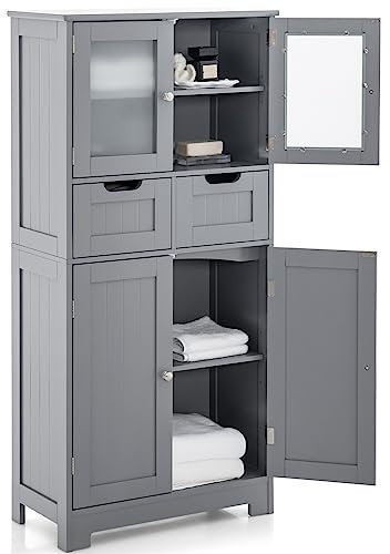 Multigot Bathroom Floor Cabinet, Multifunctional Storage Cupboard with 2 Glass Doors, 2 Drawers & Adjustable Shelves, Freestanding Wooden Organizer Unit for Bedroom Living Room Hallway (Grey)