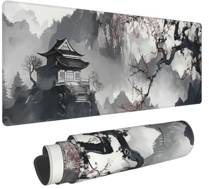Kawani Gaming-Mauspad mit japanischen Kirschblüten, Größe XL, Grau/Rosa, Aquarell-Muster, erweiterte große Schreibtischunterlage, großes Mauspad, 80 x 30 cm, rutschfeste Gummiunterseite, langes