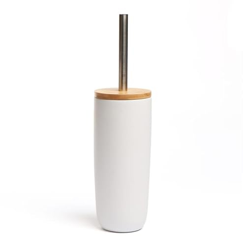 AAMEN Toilet Brush & Holder With Bamboo Lid, Ceramic & Bamboo Toilet Cleaner, Toilet Brush Bathroom Accessories, Bamboo Lid Toilet Brush & Ceramic Holder, Bathroom Cleaning Brush (White)