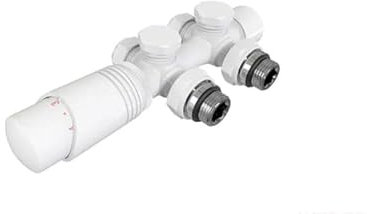 Multiblock Set Mittelanschluss Ventilhahnblock inkl. Thermostat Weiß, Chrom passend für alle standard Badheizkörper 50mm Nabenabstand Handtuchheizkörper Heizung (Weiß, G 1/2)