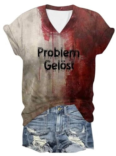 Problem Gelöst Print Halloween Tshirt Damen I'm Fine Blood Kurzarm V-Ausschnitt T Shirt mit Blutigem Bedrucktes Shirts Blut Verletzung Halloween-Kostüm Horror Leicht T-Shirt Tops Oberteil