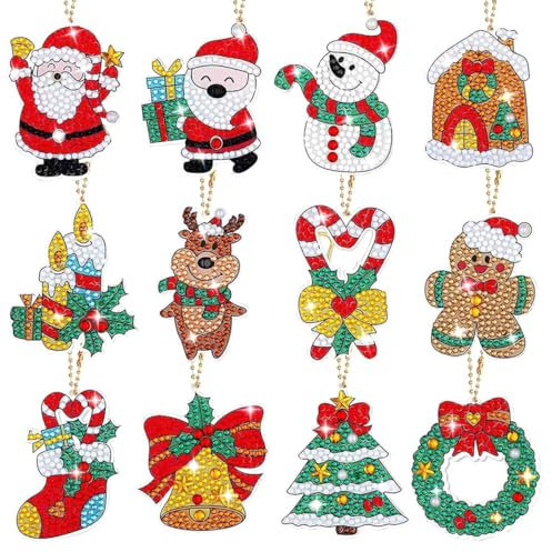 MorLuks 12 Stück Diamond Painting Weihnachten, Diamond Painting Schlüsselanhänger, 5D Diamond Painting Anhänger, DIY Schlüsselanhänger Weihnachten, Bastelset Weihnachten Kinder