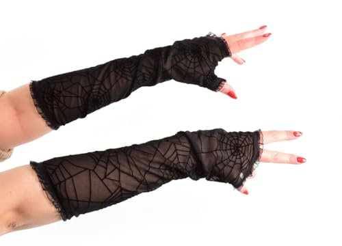 TIutmivo Spinnenhandschuhe Halloween Damen, Halloween Fingerless Gloves Schwarz, Punk Spinnennetz Fingerlose Handschuhe, für Halloween Kostümzubehör