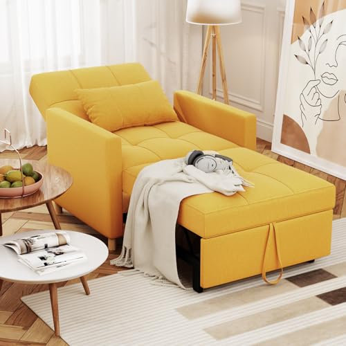 YODOLLA Schlafsessel, 3-in-1 Ausziehbares Schlafsofa mit Bettfunktion, Umwandelbarer Schlafstuhl Verstellbarer Einzelsessel mit Seitentasche, für kleinen Raum, Wohnzimmer (Gelb)