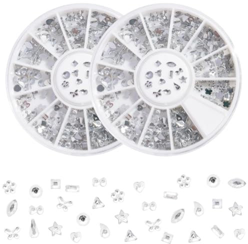 CRASPIRE 2 Boxes Silver Nail Rhinestones Kit 12 Shapes 3D Nail Art Diamond Flatback Charms and Gems White Glass Resin Glitter Crystal Flat Back Round Bead Set for Women DIY Jewelry Decoration Supplies