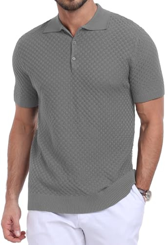 KUYIGO Mens Knit Polo Shirts Button Up Textured T Shirts Casual Slim Fit Short Sleeve Summer Golf Wear, Grey M