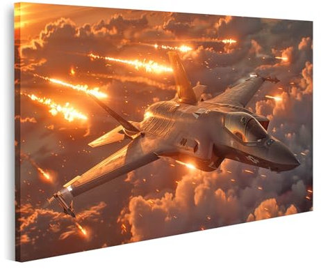 islandburner Prime Bild auf Leinwand Kampfjet im Sonnenuntergang mit Feuerwolken für Wohnzimmer Männer Büro Bilder Wandbilder Poster