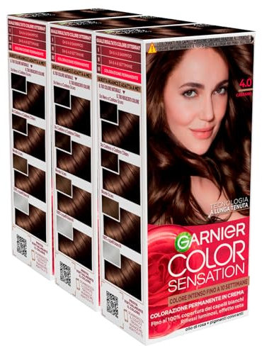 Garnier Color Sensation Colorazione Permanente in Crema Lunga Durata con Olio di Rosa Copre il 100% dei Capelli Bianchi Colore 4.0 Castano - 3 Tinte