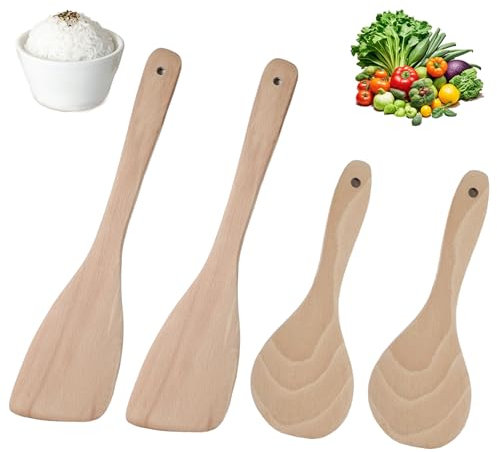 4 Pièces Spatule en Bois Naturel Cuisine, Ustensiles de Spatule Cuisine Bois Anti-Rayures, Spatule Bois Cuisine, Non Stick Bois Turner Cuisine Outil pour Cuisine, Restaurant (32 cm, 21.5 cm)