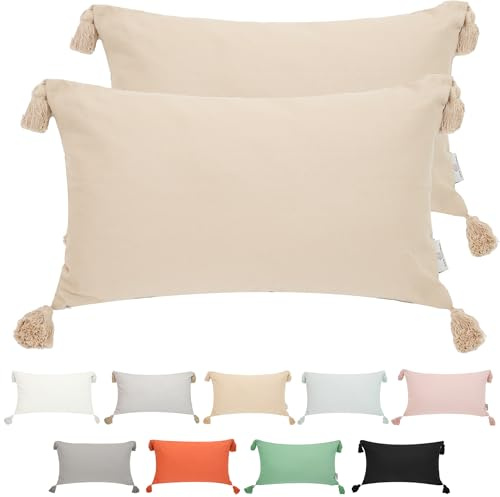 Viste tu hogar Pack 2 Funda de Cojín 100% Algodón con Borlas, Cremallera Oculta, Tejido Suave y Transpirable, Estilo Bohemio Chic para Salón, Dormitorio o Terraza, Marrón, 30X50CM