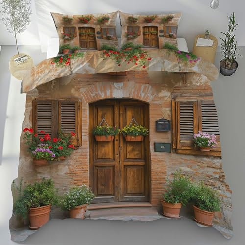 Italien Toskana Bettwäsche Set 2 Teilig Einzelbett, Mediterrane Dorf Scenery Bettbezug Bügelfrei, Stadt Landschaft Mikrofaser Bettwäsche 135x200 Weich Cozy mit Reißverschluss und 1 Kissenbezug 80x80